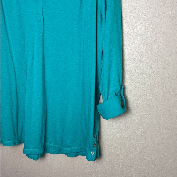 J. JILL Women Large Turquoise Cotton Roll Tab Sleeve Popover Collared Tunic Top - Picture 10 of 14